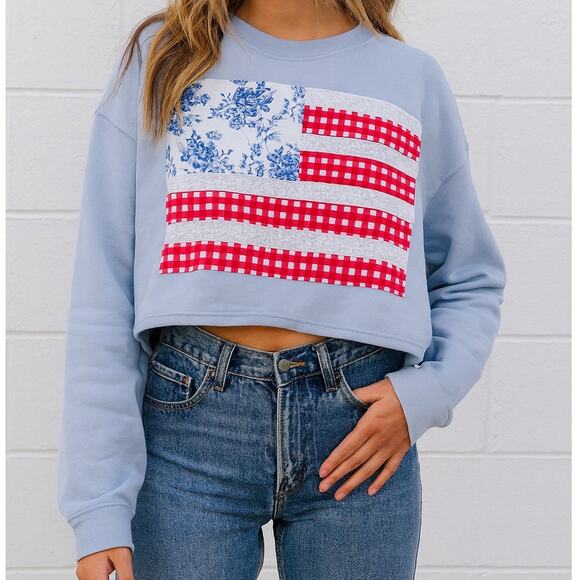 other Sweaters - Light Blue Cropped Crewneck Sweater with Flag Patch
